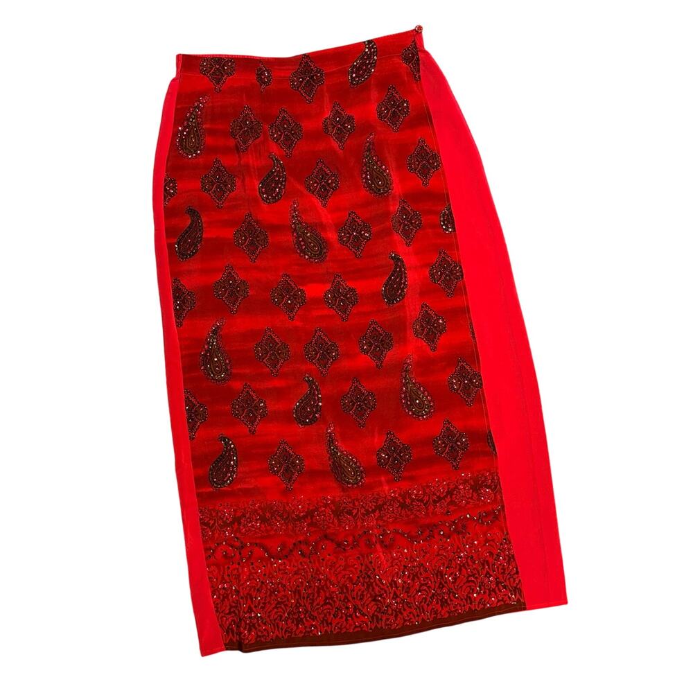 Diane Gilman 100% Silk Skirt Red Beaded Large Pull On Vintage Embellished